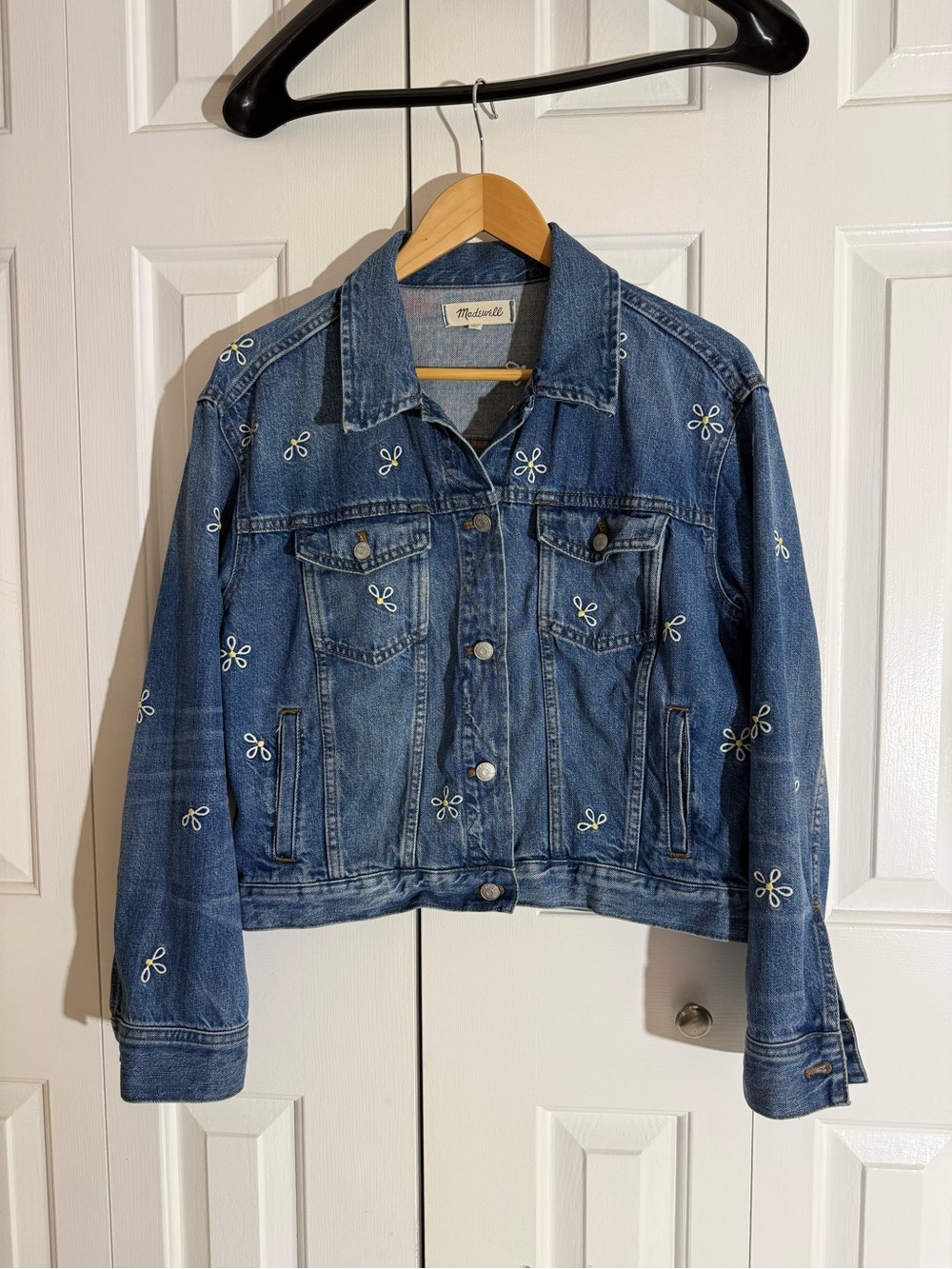 Madewell Blue Denim Jacket with White Embroidered Flowers